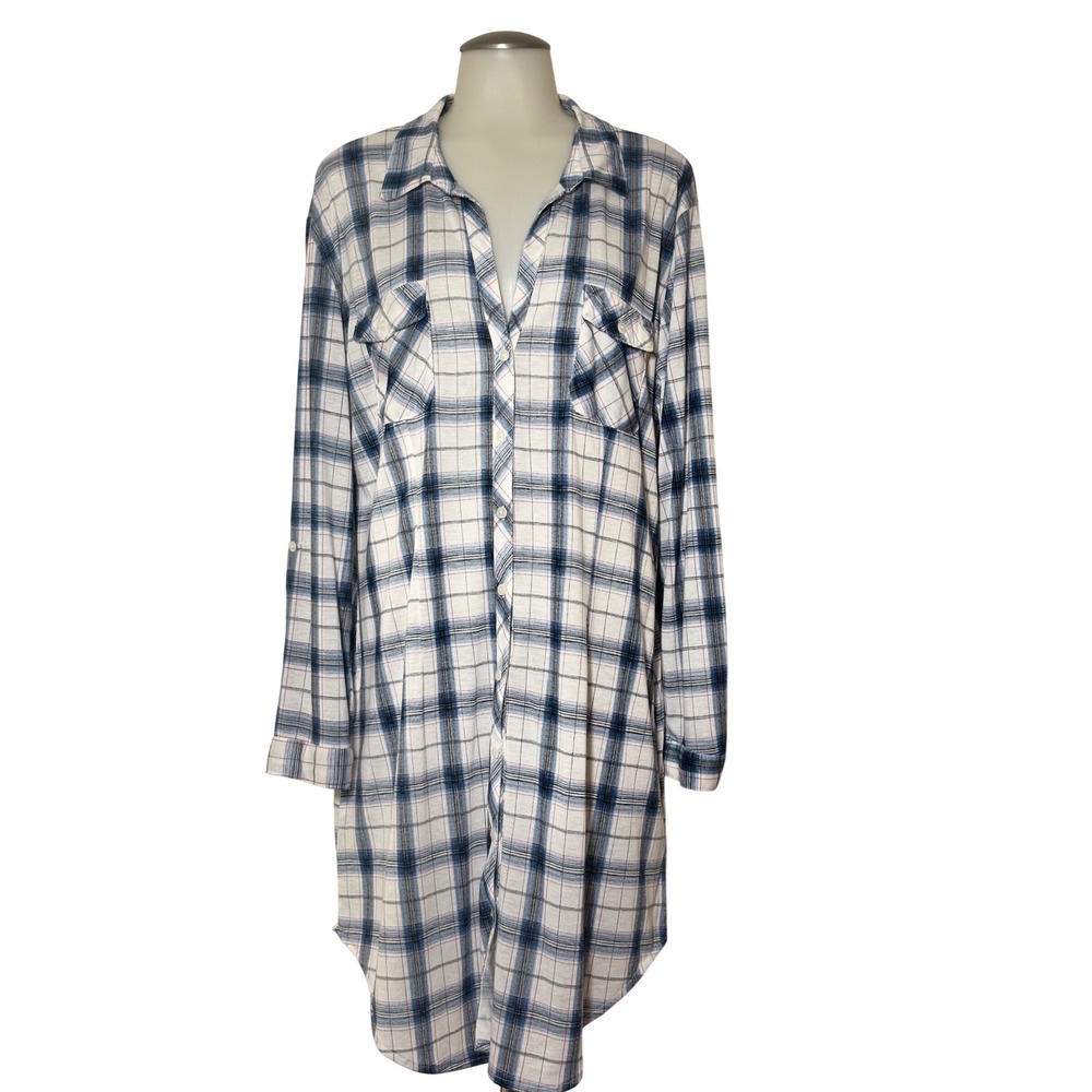White Mark Plaid Shirt Dress Women 1XL Blue White Long Sleeve Button Up Good